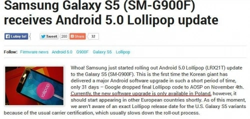 Samsung Galaxy S5: w Polsce (i tylko w Polsce) udostępniona została aktualizacja do Androida 5.0 Lollipop!