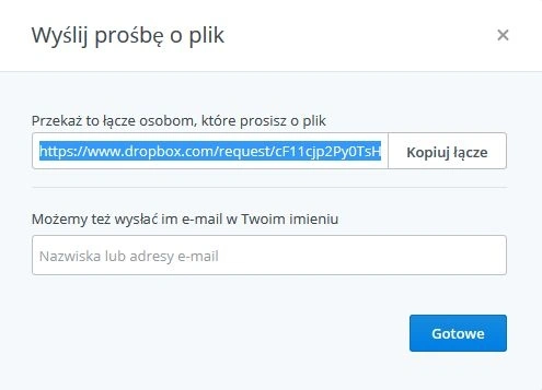 Dropbox z funkcją przesyłania plików dla osób niemających konta