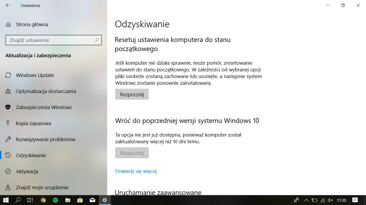Opcje odzyskiwania w Windows 10