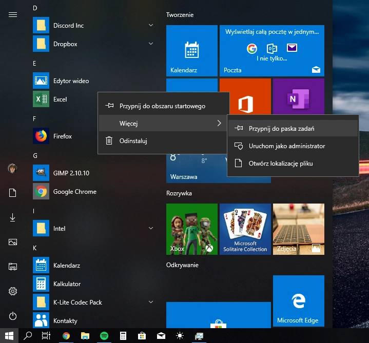 Menu start w Windows 10