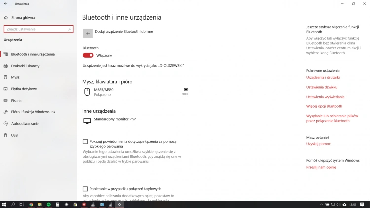 Ustawienia Bluetooth w Windows 10