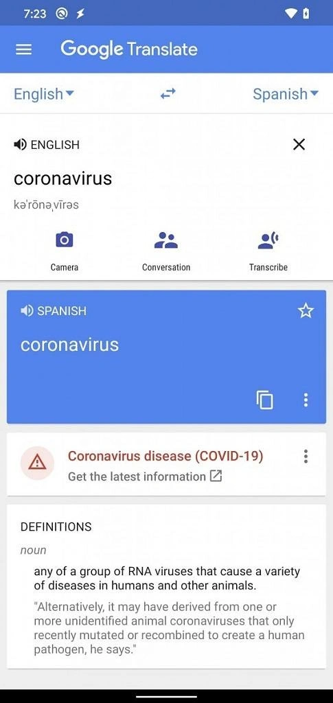 Tłumacz Google z kartą informacyjną o COVID-19 oraz zapisywaniem transkryptów