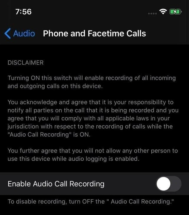 Zrzut ekranu przedstawiający opcje nagrywania rozmów w iOS