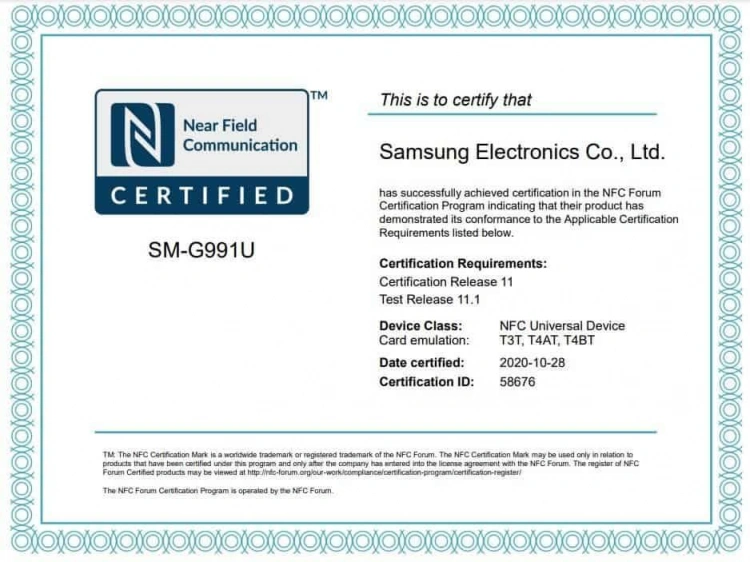 Certyfikat NFC dla SM-G991U
Źródło: gizchina.com