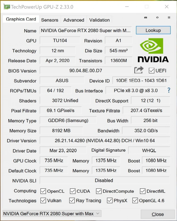 Specyfikacja Nvidia GeForce RTX 2080 Super