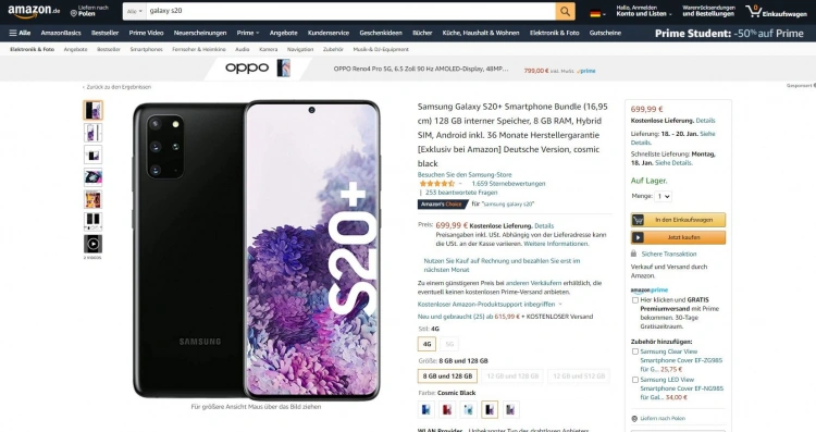 Samsung Galaxy S20+ na Amazon kosztuje tyle, co Galaxy S20 w Polsce