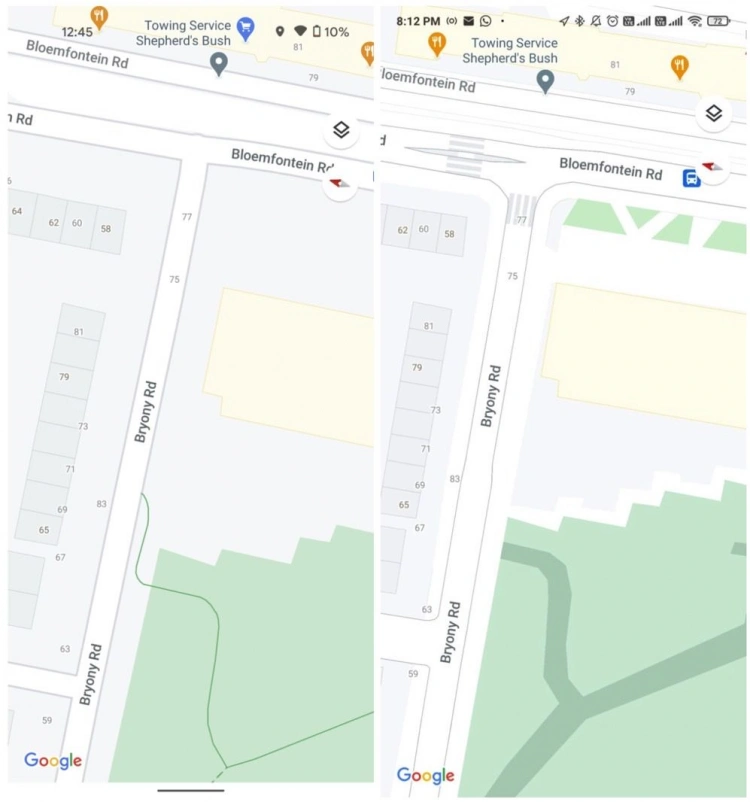 Nowy (z prawej) i stary (z lewej) widok Map Google w Londynie
Źródło: bgr.com