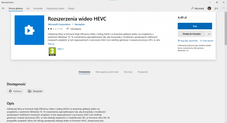 Rozszerzenie HEVC w Windows 10