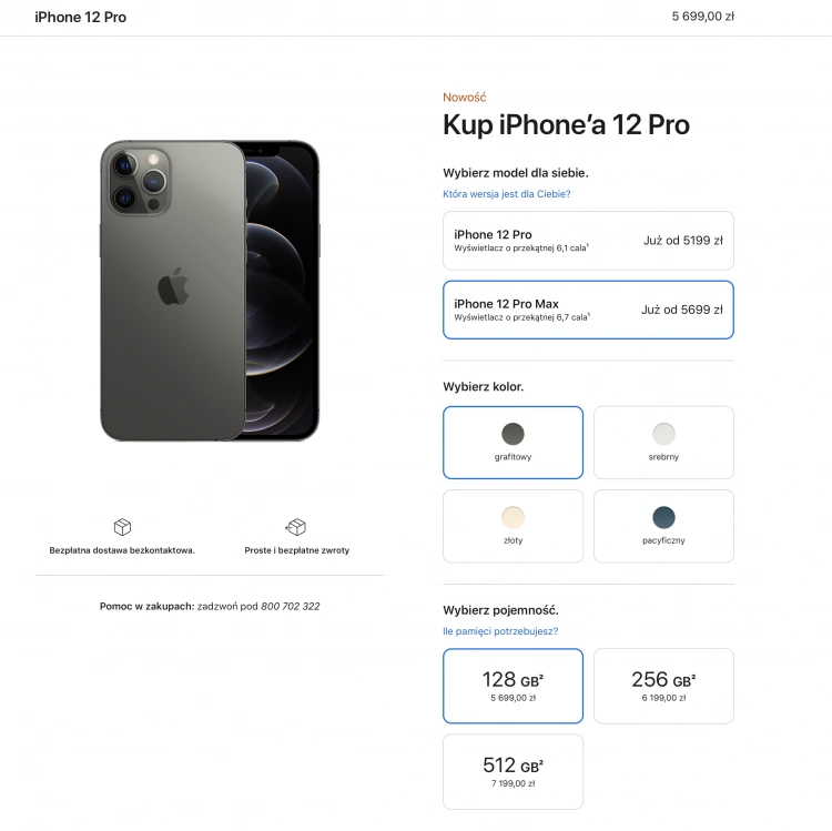 Cena bazowego iPhone'a 12 Pro Max
Źródło: Apple.pl