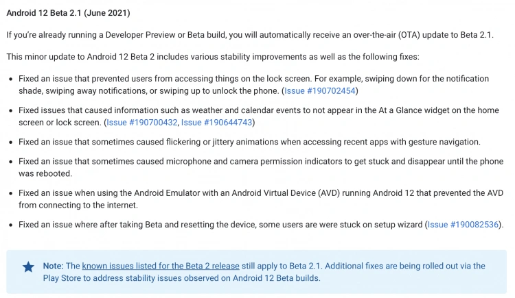 Informacja o wydaniu Androida 12 Beta 2.1
Źródło: developer.google.com