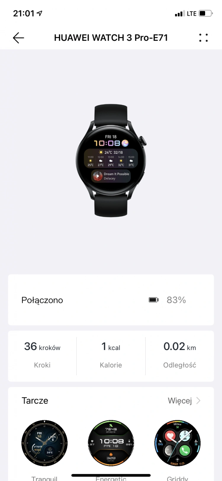 Informacje o zegarku w aplikacji Huawei Health
