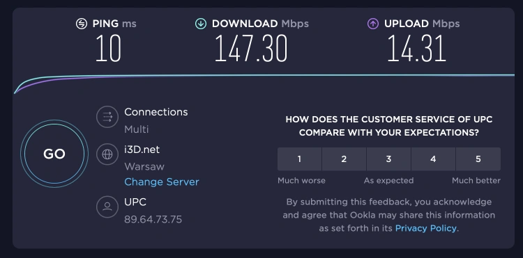 Wyniki SpeedTest po LAN, połączenie z routerem