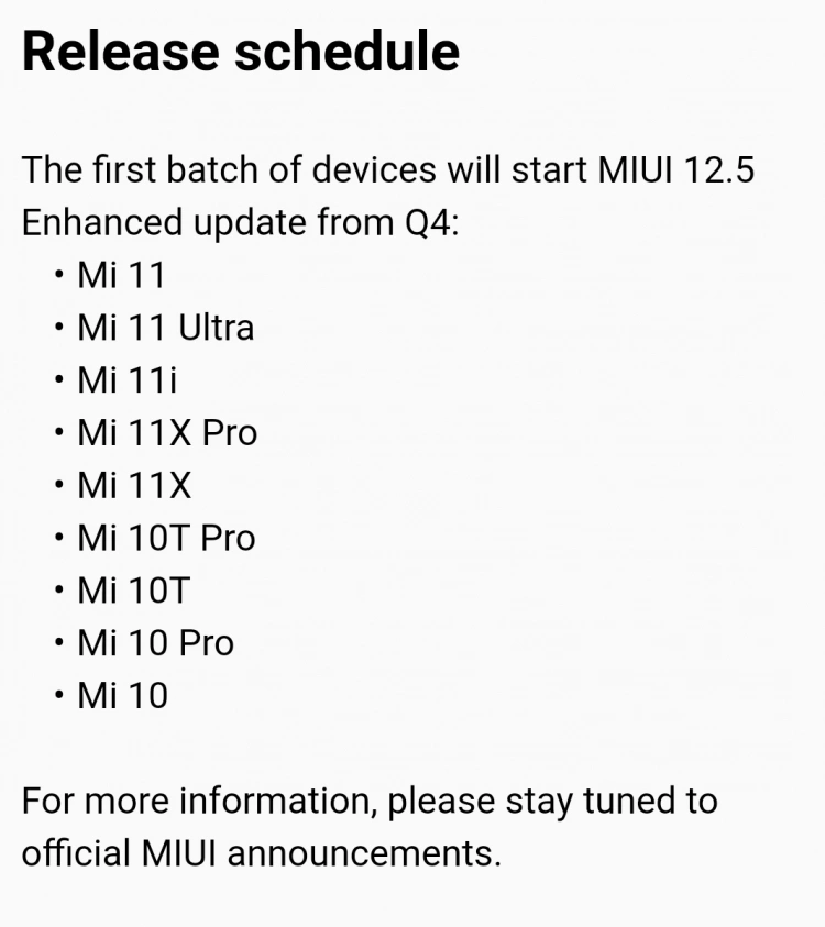 Harmonogram aktualizacji do MIUI 12.5 Enhanced
Źródło: gizchina.com
