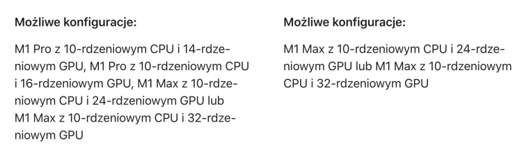Dodatkowe konfiguracje procesorów Apple M1 Pro oraz Apple M1 Max
Źródło: apple.com