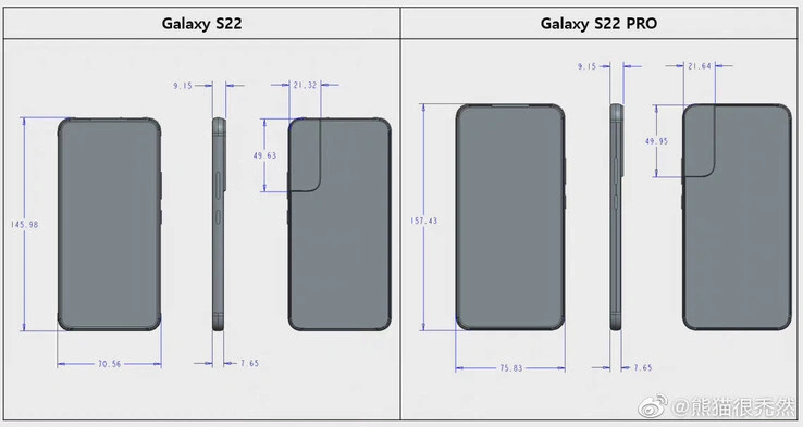 Wymiary modeli z rodziny Galaxy S22
Źródło: weibo.cn