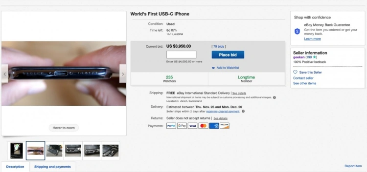 Pierwszy na świecie iPhone z USB-C wystawiony w serwisie eBay
