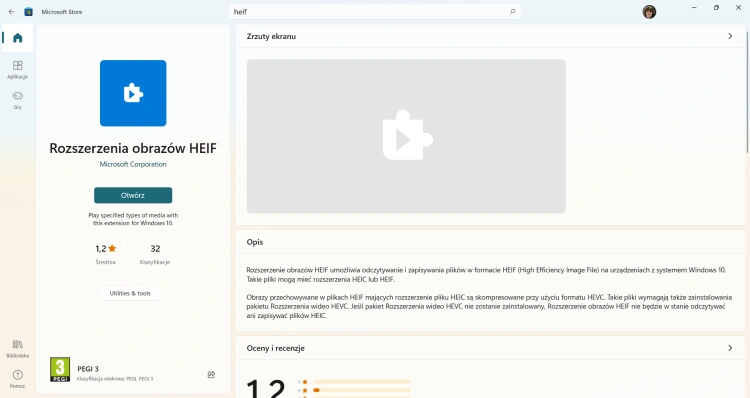 Rozszerzenie do obsługi HEIF w Windows 11