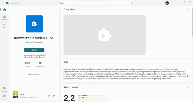 Rozszerzenie HEVC w Windows 11