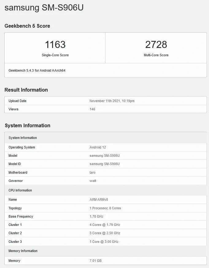 Wyniki zarejestrowane przez Galaxy S22 Plus z procesorem Snapdragon 898
Źródło: gizmochina.com
