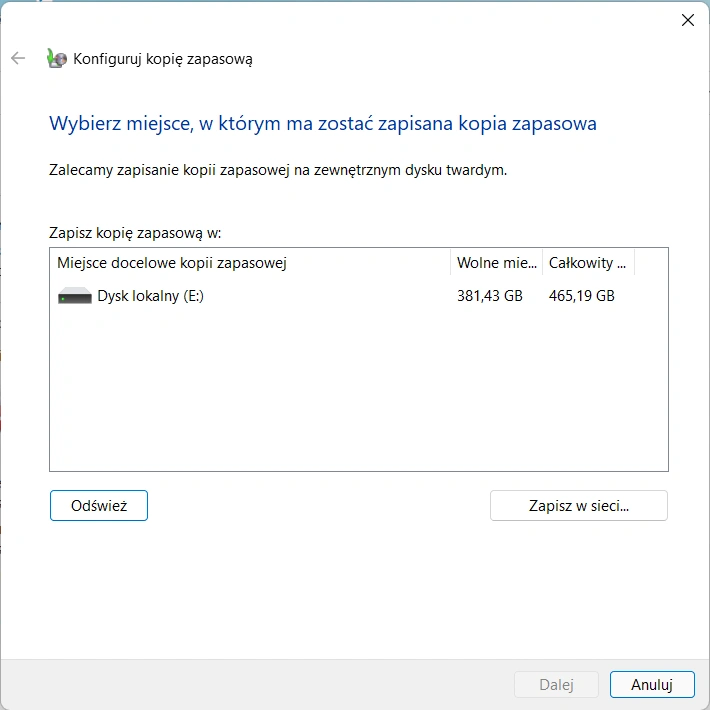 Kopia zapasowa w Windows 11 - wybór dysku