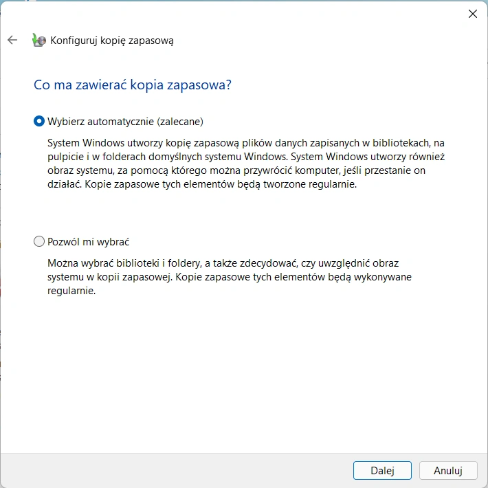 Kopia zapasowa w Windows 11 - wybór rodzaju kopii zapasowej