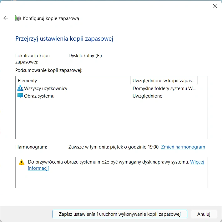 Kopia zapasowa w Windows 11 - ustawienia kopii zapasowej