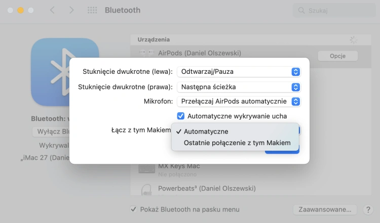Ustawienia automatycznego łączenia ze słuchawkami AirPods na komputerze Mac