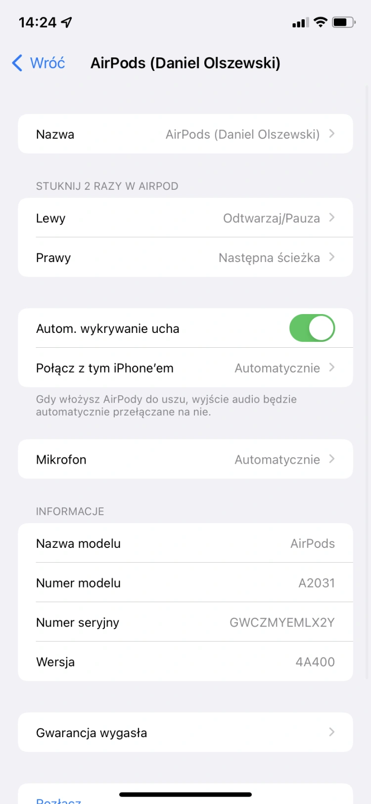Ustawienia automatycznego łączenia ze słuchawkami AirPods na telefonie iPhone