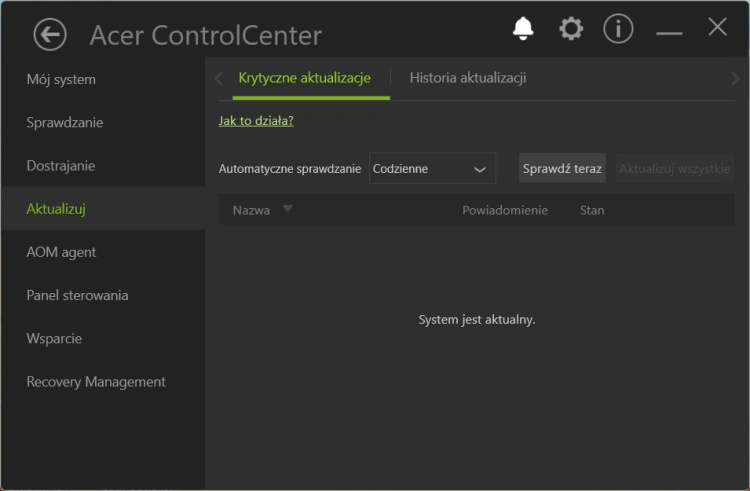 Aplikacja Acer ControlCenter do sprawdzania aktualizacji sterowników