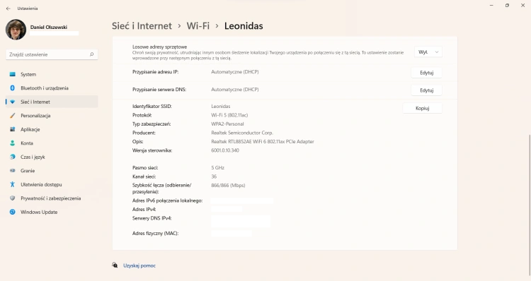 Informacje o połączeniu z siecią Wi-Fi w Windows 11