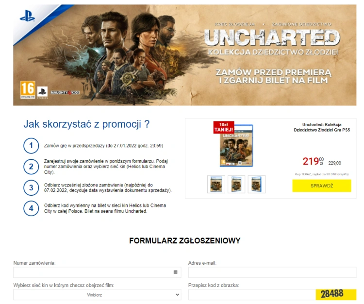 Bilet do kina za Uncharted: Kolekcja Dziedzctwo Złodziei. Jak skorzystać z promocji?