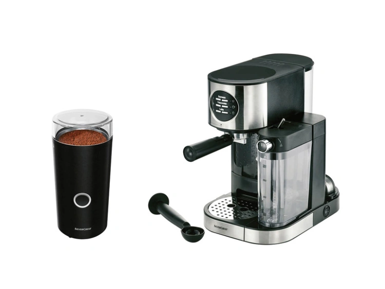 SILVERCREST Zestaw Ekspres ciśnieniowy do kawy ze spieniaczem mleka SEMM 1470 A2 i Elektryczny młynek do kawy SKME 180 B1