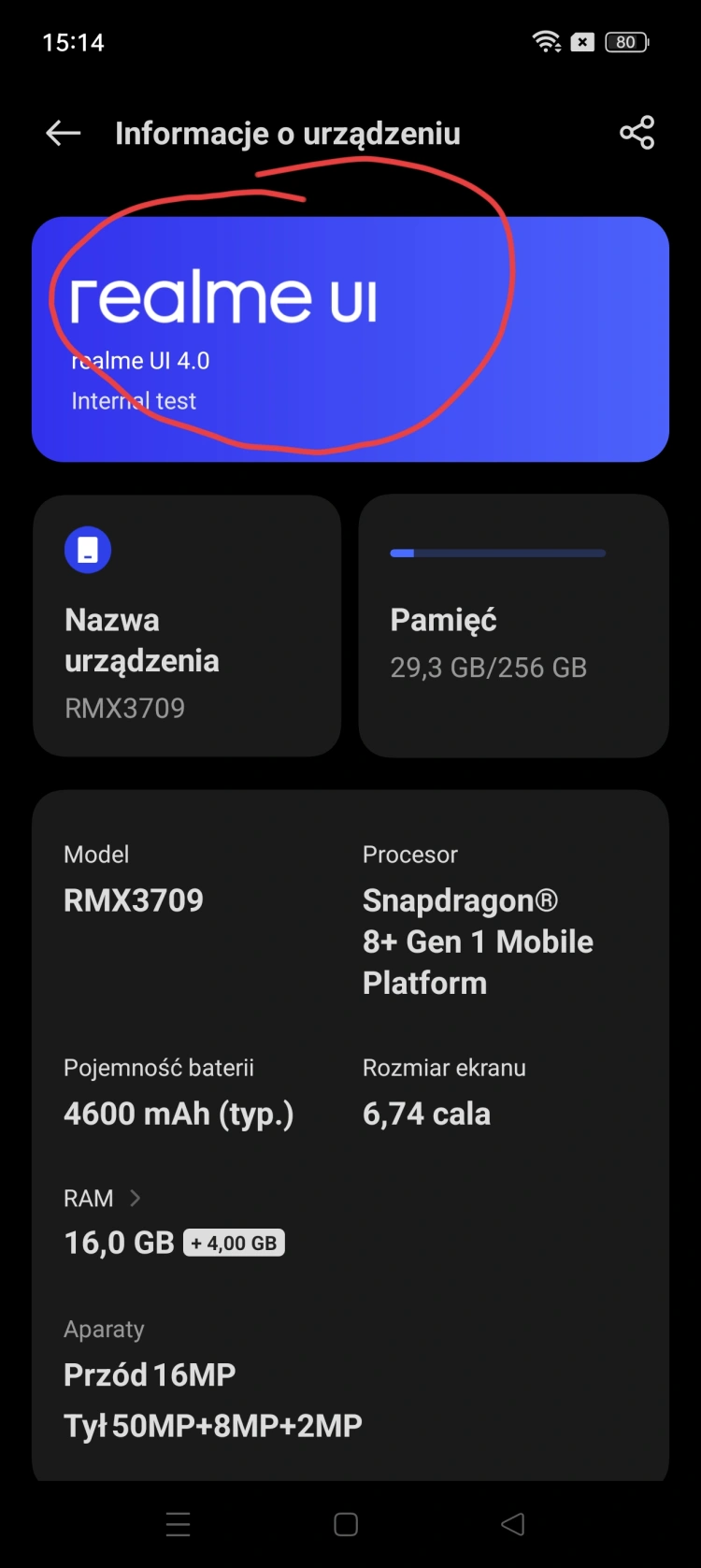 Zrzut ekranu z systemu smartfona Realme GT3.