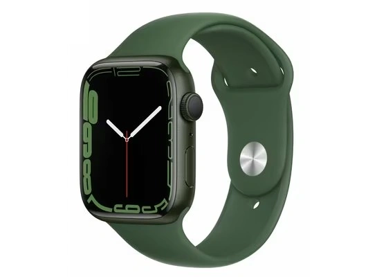 Smartwatch Apple Watch Series 7 w kolorze zielonym na białym tle.