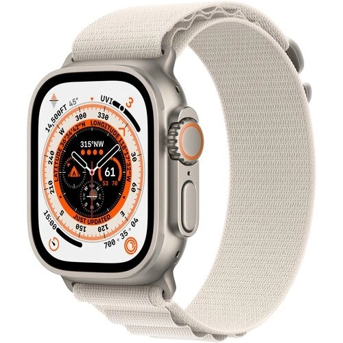 Smartwatch Apple Watch Ultra w kolorze białym na białym tle.